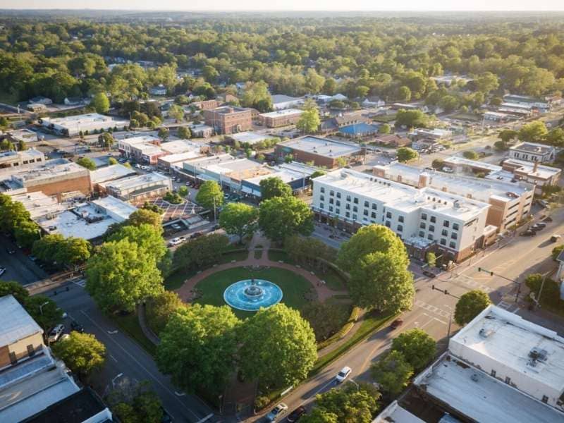 Aerial view of downtown LaGrange, Georgia with commercial buildings, road networks, and surrounding properties relevant to land surveying and site planning