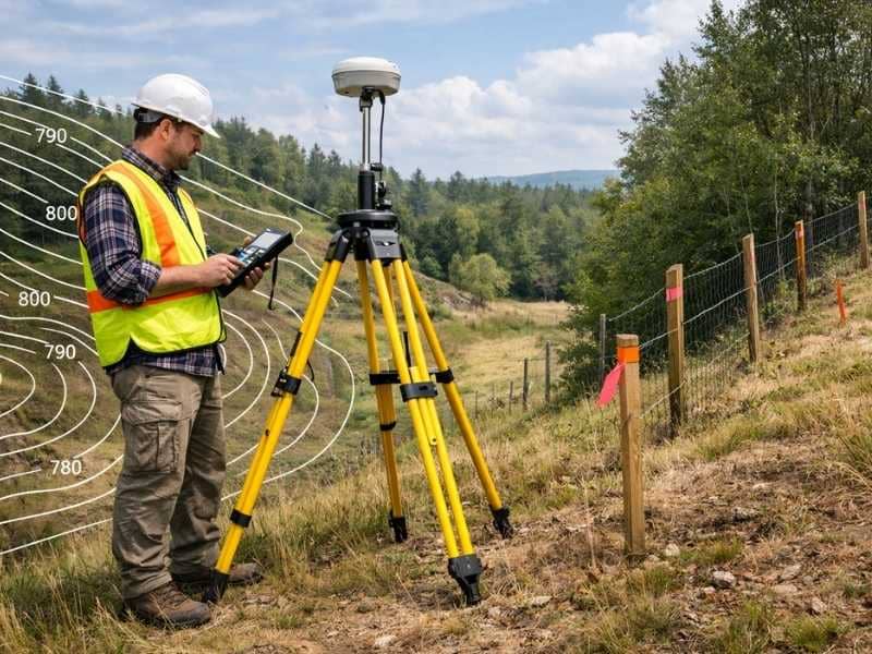 Land surveyor performing a topographic survey and boundary survey using GPS equipment on a sloped property